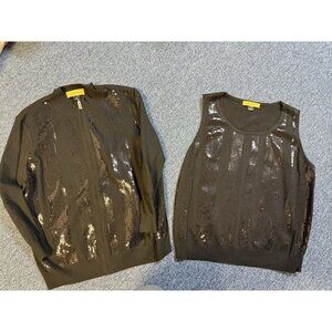 St. john jacket shirt set zip up black knit with sequins sz large sweater set